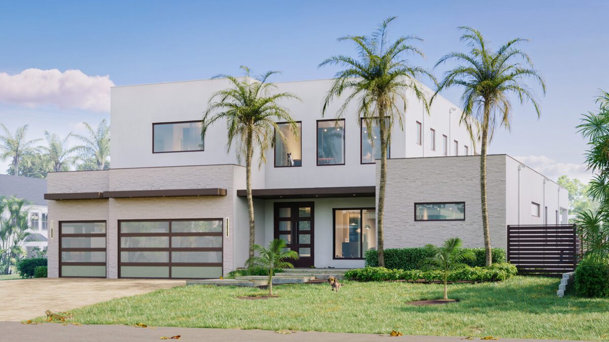 Modern white two-story house with palm trees and a large garage.