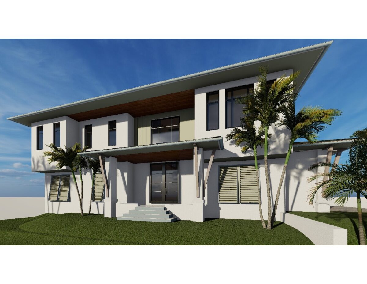 Modern two-story house with clean lines and palm trees.