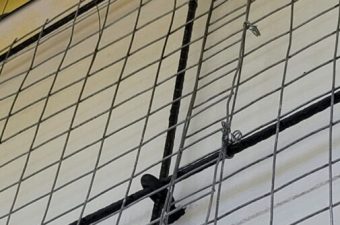 A close-up of a window with metal bars and a latch.
