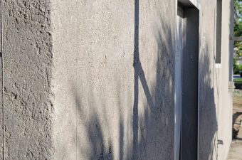Shadow of a plant on a textured wall near a doorway in sunlight.