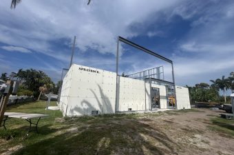Partially built Sprayrock building with steel frame