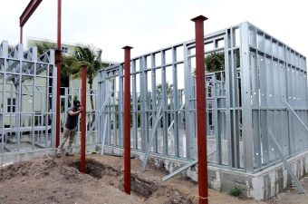 Metal framework construction for a building foundation.