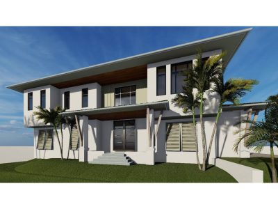 Modern two-story house with clean lines and palm trees.