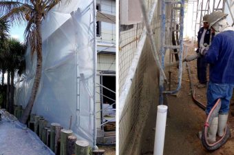 Before and after images of a building's exterior wall waterproofing process.