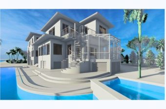 Modern two-story house with a pool and spacious outdoor area under a clear blue sky.
