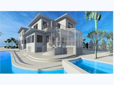 Modern two-story house with a pool and spacious outdoor area under a clear blue sky.